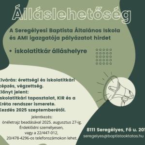Álláslehetőség az iskolában!